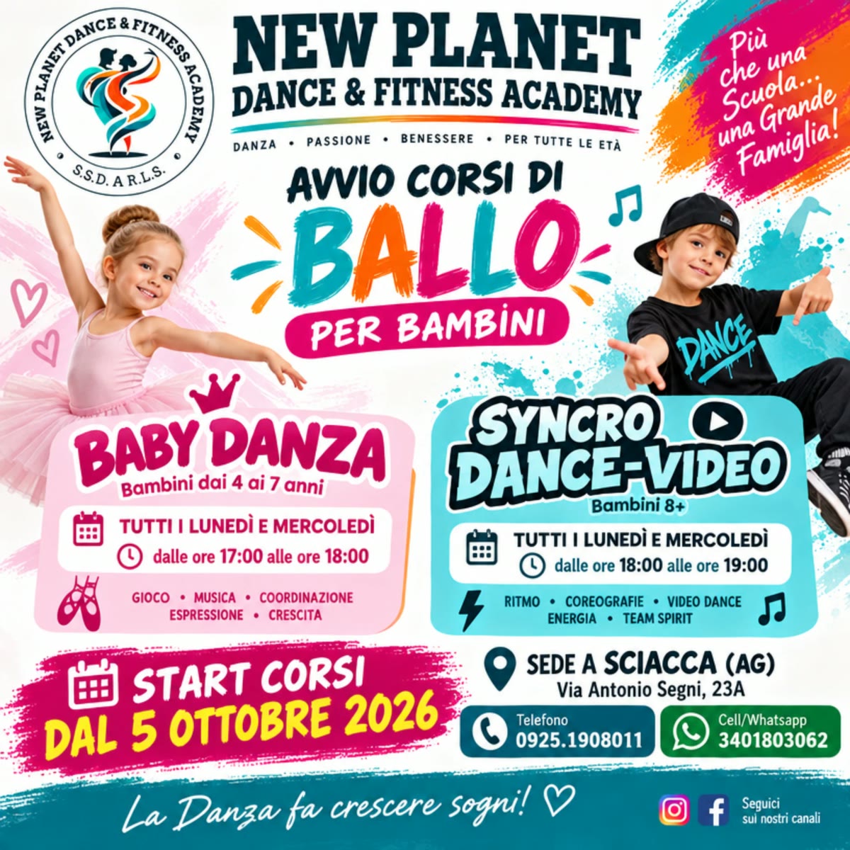 Avvio corsi di ballo per bambini dal 5 ottobre 2026: Baby Danza (4-7 anni) e Syncro Dance-Video (8+), ogni lunedì e mercoledì